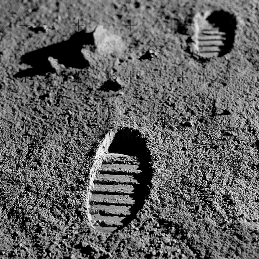 Apollo 11 photograph of footprints in the lunar regolith courtesy of NASA