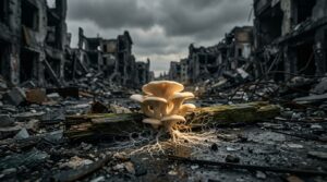 Life After War - Mushrooms erupting from wooden beam