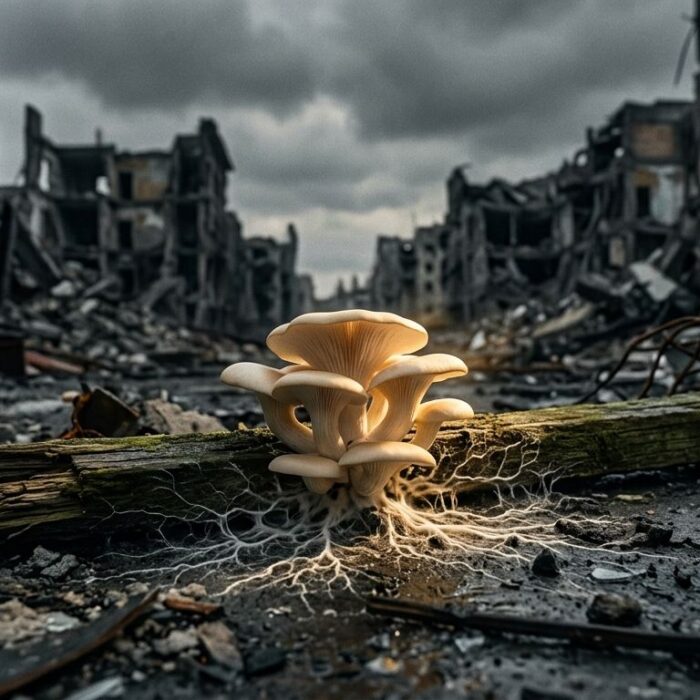 Life After War - Mushrooms erupting from wooden beam