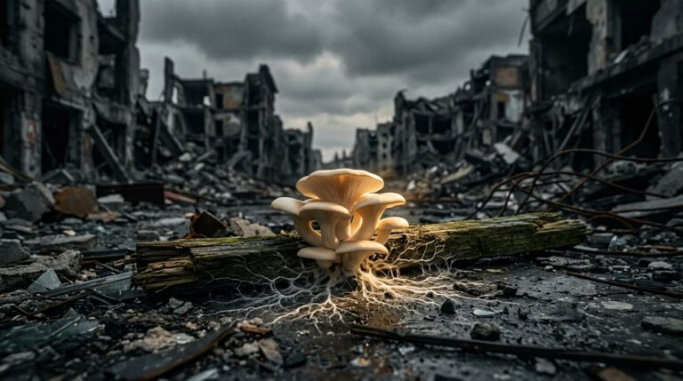 Life After War - Mushrooms erupting from wooden beam
