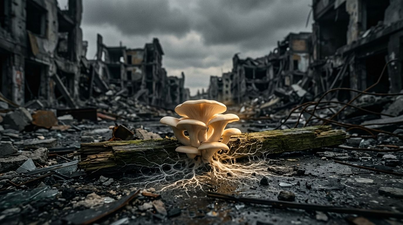 Life After War - Mushrooms erupting from wooden beam