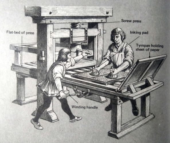 A flat-bed screw press of the type used by Caxton and Gutenberg