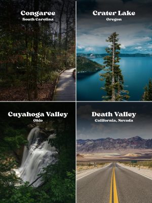 Congaree, Crater Lake, Cuyahoga Valley, and Death Valley