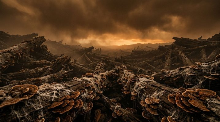 Landscape buried under logs