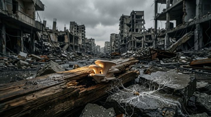 Mushrooms growing from ruined city
