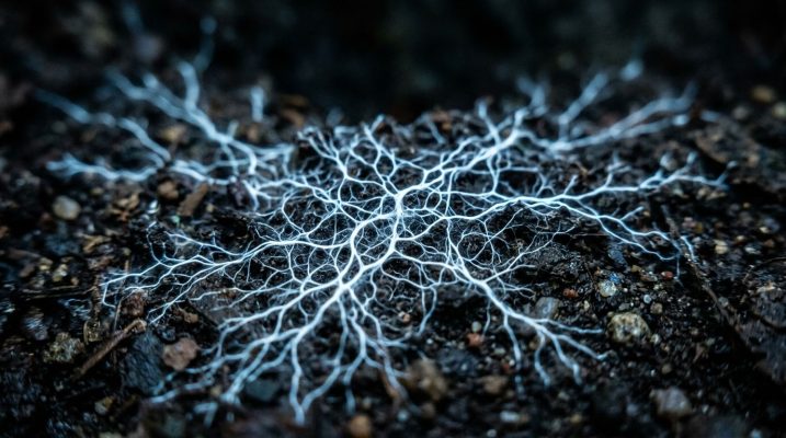 Mycelium threads spreading on soil