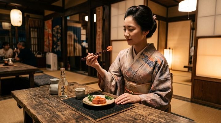 Woman eating tofu using chopsticks