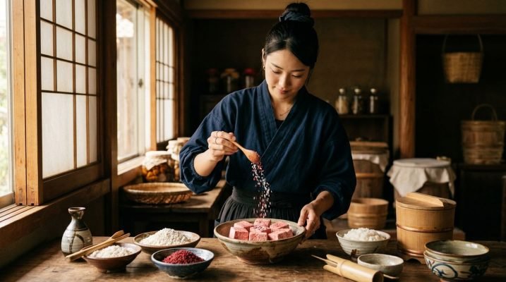 Woman fermenting tofu with koji