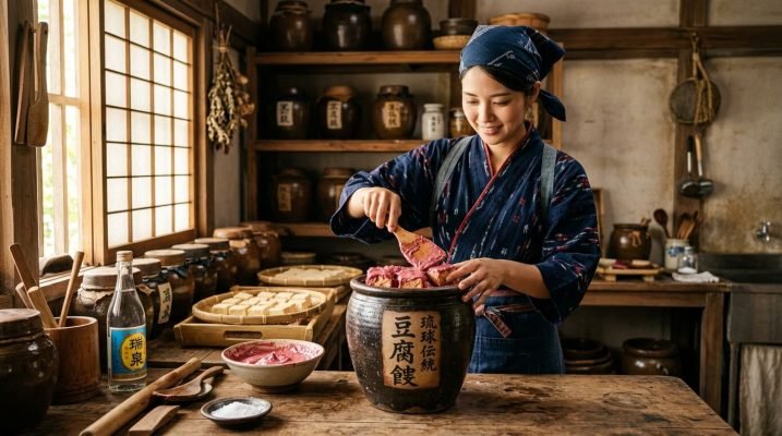 Woman packing tofu fermentation jar
