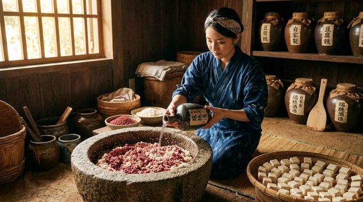 Woman preparing tofuyo fermentation