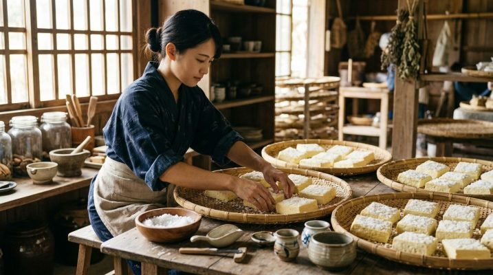 Woman salting drying tofu